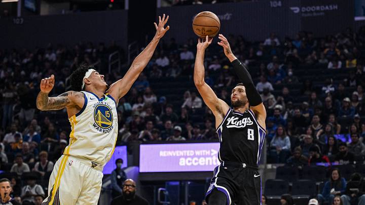 Oct 10, 2026; San Francisco, California, USA;  Sacramento Kings guard Zach LaVine (8) shoots over Golden State Warriors forward Gui Santos (15) during the first quarter at Chase Center.  Mandatory Credit: Justine Willard-Imagn Images