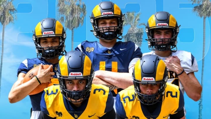 Long Beach Millikan football players pose for 2025 schedule announcement.