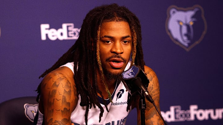 Sep 29, 2025; Memphis, TN, USA; Memphis Grizzlies guard Ja Morant speaks to media during a press conference on media day at FedEx. Forum. Mandatory Credit: Petre Thomas-Imagn Images Sep 29, 2025; Memphis, TN, USA; Memphis Grizzlies guard Ja Morant speaks to media during a press conference on media day at FedEx. Forum. Mandatory Credit: Petre Thomas-Imagn Images