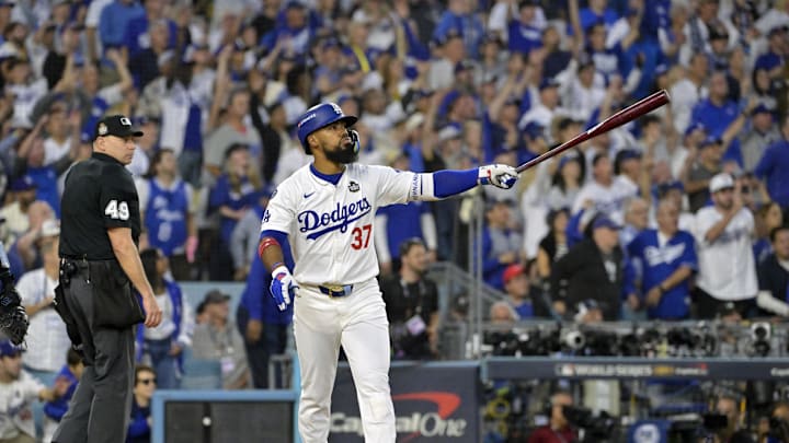 Oct 26, 2024; Los Angeles, California, USA; Los Angeles Dodgers outfielder Teoscar Hernandez (37) hits a two run home run in the third inning against the New York Yankees during game two of the 2024 MLB World Series at Dodger Stadium. Mandatory Credit: Jayne Kamin-Oncea-Imagn Images Oct 26, 2024; Los Angeles, California, USA; Los Angeles Dodgers outfielder Teoscar Hernandez (37) hits a two run home run in the third inning against the New York Yankees during game two of the 2024 MLB World Series at Dodger Stadium. Mandatory Credit: Jayne Kamin-Oncea-Imagn Images