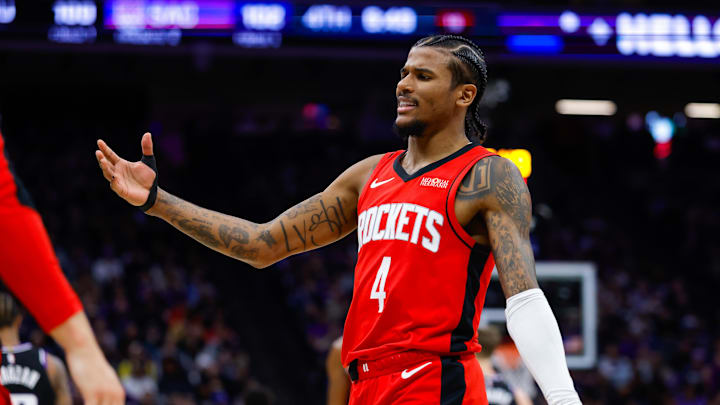 Jan 16, 2025; Sacramento, California, USA; Houston Rockets guard Jalen Green (4) reacts after a play during the fourth quarter against the Sacramento Kings at Golden 1 Center. Mandatory Credit: Sergio Estrada-Imagn Images