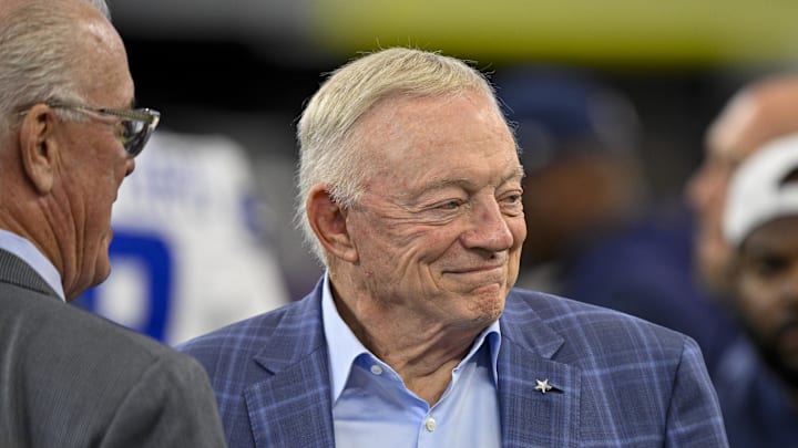 Aug 16, 2025; Arlington, Texas, USA; Dallas Cowboys owner Jerry Jones (left) looks on before the game against the Baltimore Ravens at AT&T Stadium. Mandatory Credit: Jerome Miron-Imagn Images