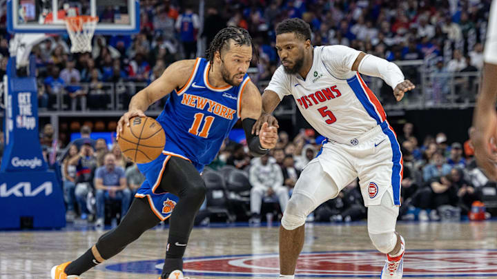 Apr 27, 2025; Detroit, Michigan, USA; Detroit Pistons guard Malik Beasley (5) defends against New York Knicks guard Jalen Brunson (11) during the first quarter of game four of first round for the 2025 NBA Playoffs at Little Caesars Arena. Mandatory Credit: David Reginek-Imagn Images Apr 27, 2025; Detroit, Michigan, USA; Detroit Pistons guard Malik Beasley (5) defends against New York Knicks guard Jalen Brunson (11) during the first quarter of game four of first round for the 2025 NBA Playoffs at Little Caesars Arena. Mandatory Credit: David Reginek-Imagn Images