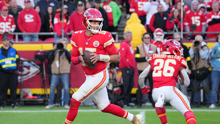 Nov 23, 2025; Kansas City, Missouri, USA; Kansas City Chiefs quarterback Patrick Mahomes (15) looks to pass against the Indianapolis Colts in overtime at GEHA Field at Arrowhead Stadium. Mandatory Credit: Denny Medley-Imagn Images Nov 23, 2025; Kansas City, Missouri, USA; Kansas City Chiefs quarterback Patrick Mahomes (15) looks to pass against the Indianapolis Colts in overtime at GEHA Field at Arrowhead Stadium. Mandatory Credit: Denny Medley-Imagn Images