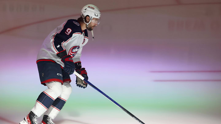 Mar 21, 2025; Pittsburgh, Pennsylvania, USA; Columbus Blue Jackets defenseman Ivan Provorov (9) takes the ice to warm up before the game against the Pittsburgh Penguins at PPG Paints Arena. Mandatory Credit: Charles LeClaire-Imagn Images