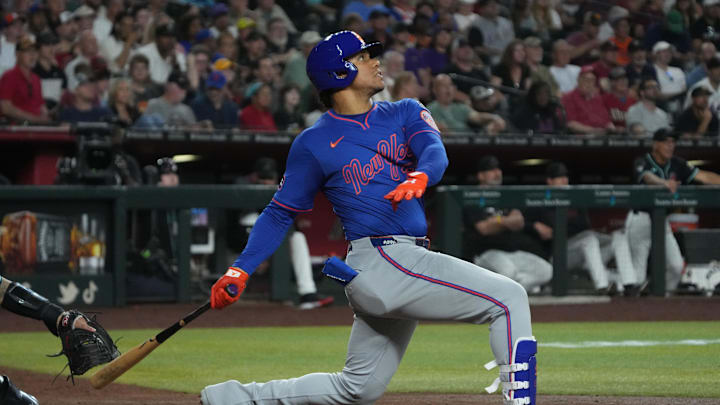 May 7, 2025; Phoenix, Arizona, USA; New York Mets outfielder Juan Soto (22) hits a solo home run against the Arizona Diamondbacks in the sixth inning at Chase Field. Mandatory Credit: Rick Scuteri-Imagn Images May 7, 2025; Phoenix, Arizona, USA; New York Mets outfielder Juan Soto (22) hits a solo home run against the Arizona Diamondbacks in the sixth inning at Chase Field. Mandatory Credit: Rick Scuteri-Imagn Images