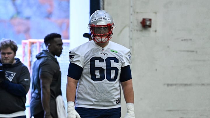 May 9, 2025; Foxborough, MA, USA; New England Patriots offensive tackle Will Campbell (66) waits to do a drill during rookie camp at Gillette Stadium. Mandatory Credit: Eric Canha-Imagn Images