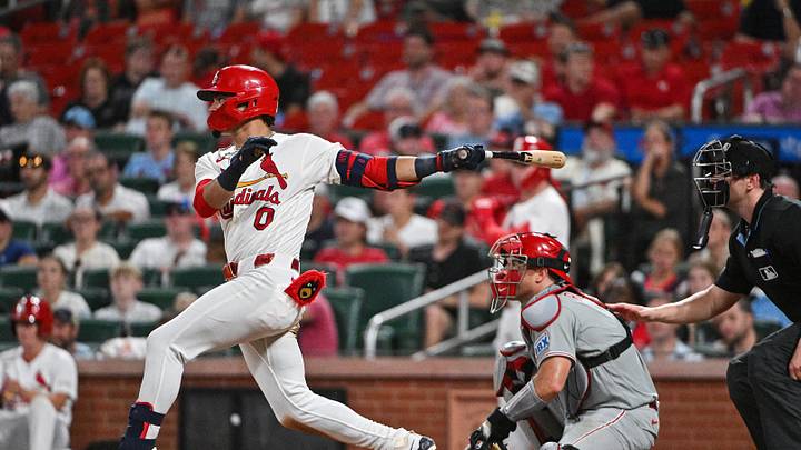 Aug 11, 2026; St. Louis, Missouri, USA; St. Louis Cardinals shortstop Masyn Winn (0) hits a one run single against the Philadelphia Phillies during the seventh inning at Busch Stadium. Mandatory Credit: Jeff Curry-Imagn Images Aug 11, 2026; St. Louis, Missouri, USA; St. Louis Cardinals shortstop Masyn Winn (0) hits a one run single against the Philadelphia Phillies during the seventh inning at Busch Stadium. Mandatory Credit: Jeff Curry-Imagn Images
