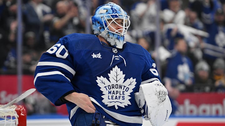 May 2, 2024; Toronto, Ontario, CAN;   Toronto Maple Leafs goalie Joseph Woll (60) adjusts his equipment during a break in play against the Boston Bruins in the second period in game six of the first round of the 2024 Stanley Cup Playoffs at Scotiabank Arena. Mandatory Credit: Dan Hamilton-USA TODAY Sports
