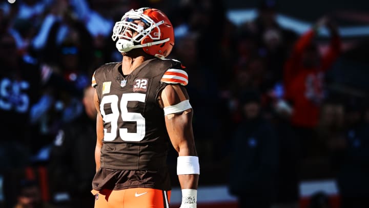 Nov 19, 2023; Cleveland, Ohio, USA; Cleveland Browns defensive end Myles Garrett (95) celebrates after sacking Pittsburgh Steelers quarterback Kenny Pickett (not pictured) during the first quarter at Cleveland Browns Stadium. Mandatory Credit: Ken Blaze-USA TODAY Sports

