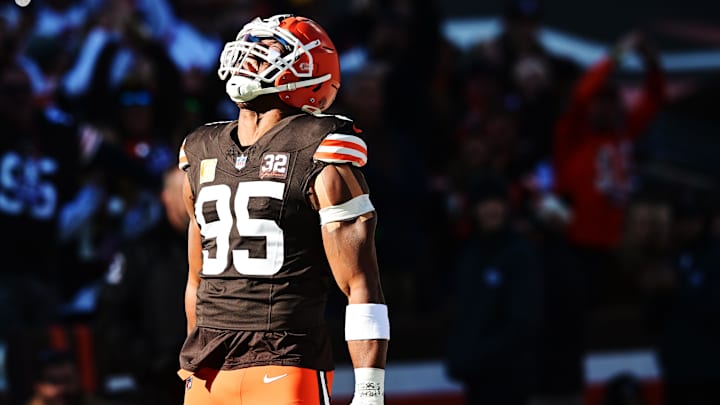Nov 19, 2023; Cleveland, Ohio, USA; Cleveland Browns defensive end Myles Garrett (95) celebrates after sacking Pittsburgh Steelers quarterback Kenny Pickett (not pictured) during the first quarter at Cleveland Browns Stadium.