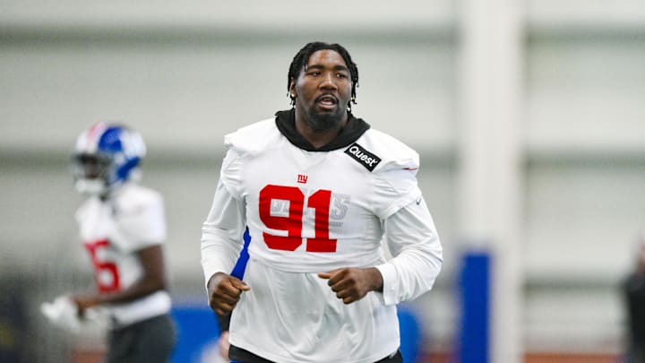Jun 18, 2025; East Rutherford, NJ, USA; New York Giants defensive tackle Darius Alexander (91) participates in a drill during minicamp at Quest Diagnostics Training Center.  