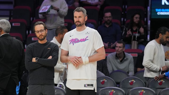 Jan 29, 2025; Miami, Florida, USA;  Miami Heat forward Kevin Love (42) looks on during warm-ups before the game against the Cleveland Cavaliers at Kaseya Center. Mandatory Credit: Jim Rassol-Imagn Images