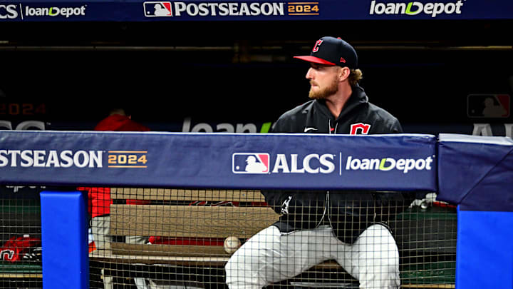 Tanner Bibee sits in the dugout after the Guardians' 2024 elimination.
