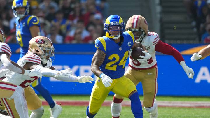 Sep 11, 2026; Melbourne, AUS; Los Angeles Rams running back Blake Corum (24) rushes the ball against the San Francisco 49ers at Melbourne Cricket Ground. Mandatory Credit: Kirby Lee-Imagn Images Sep 11, 2026; Melbourne, AUS; Los Angeles Rams running back Blake Corum (24) rushes the ball against the San Francisco 49ers at Melbourne Cricket Ground. Mandatory Credit: Kirby Lee-Imagn Images
