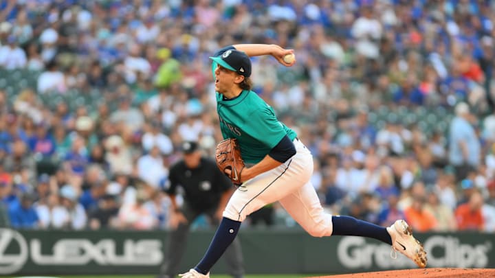 Seattle Mariners starting pitcher Logan Gilbert (36) pitches to the New York Mets during the first inning at T-Mobile Park in 2024. Seattle Mariners starting pitcher Logan Gilbert (36) pitches to the New York Mets during the first inning at T-Mobile Park in 2024.