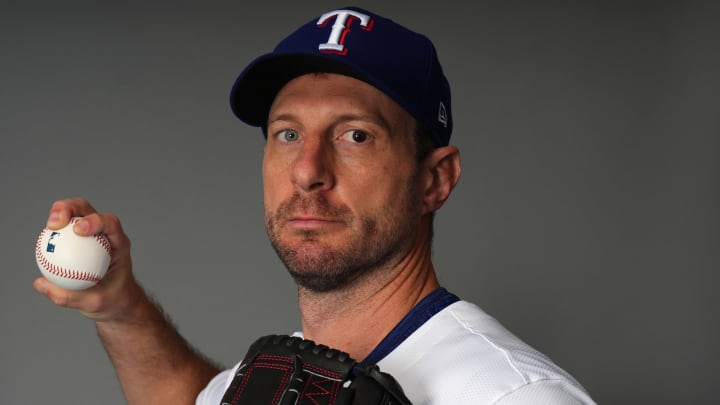Feb 20, 2024; Surprise, AZ, USA; Texas Rangers starting pitcher Max Scherzer (31) poses for a photo during Media Day at Surprise Stadium. Mandatory Credit: Joe Camporeale-USA TODAY Sports