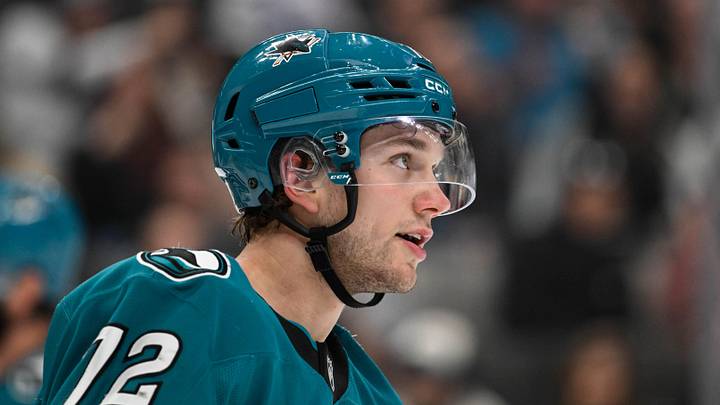 Apr 4, 2026; San Jose, California, USA; San Jose Sharks left winger William Eklund (72) looks on against the Nashville Predators in the second period at SAP Center at San Jose. Mandatory Credit: Eakin Howard-Imagn Images