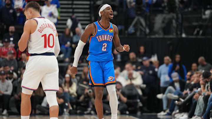 Nov 4, 2025; Inglewood, California, USA; Oklahoma City Thunder guard Shai Gilgeous-Alexander (2) celebrates as LA Clippers guard Bogdan Bogdanovic (10) watches in the second half at Intuit Dome. Mandatory Credit: Kirby Lee-Imagn Images Nov 4, 2025; Inglewood, California, USA; Oklahoma City Thunder guard Shai Gilgeous-Alexander (2) celebrates as LA Clippers guard Bogdan Bogdanovic (10) watches in the second half at Intuit Dome. Mandatory Credit: Kirby Lee-Imagn Images