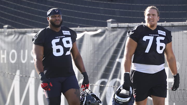 Jul 23, 2025; Houston, TX, USA;  Houston Texans guard Ed Ingram (69) and Houston Texans tackle Austin Deculus (76) during training camp at Houston Methodist Training Center. Mandatory Credit: Troy Taormina-Imagn Images