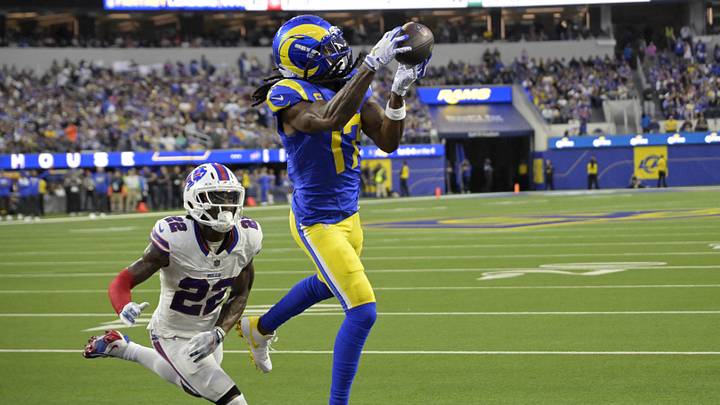 Oct 12, 2026; Inglewood, California, USA; Los Angeles Rams wide receiver Davante Adams (17) makes a catch for a touchdown as Buffalo Bills safety C.J. Gardner-Johnson (22) defends Oct 12, 2026; Inglewood, California, USA; Los Angeles Rams wide receiver Davante Adams (17) makes a catch for a touchdown as Buffalo Bills safety C.J. Gardner-Johnson (22) defends