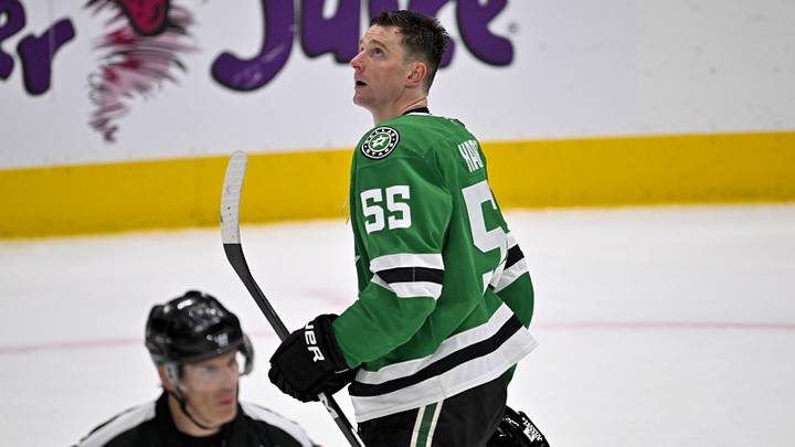 Apr 2, 2026; Dallas, Texas, USA; Dallas Stars defenseman Thomas Harley (55) checks the replay screen as he skates off the ice during the third period against the Winnipeg Jets at the American Airlines Center. Mandatory Credit: Jerome Miron-Imagn Images