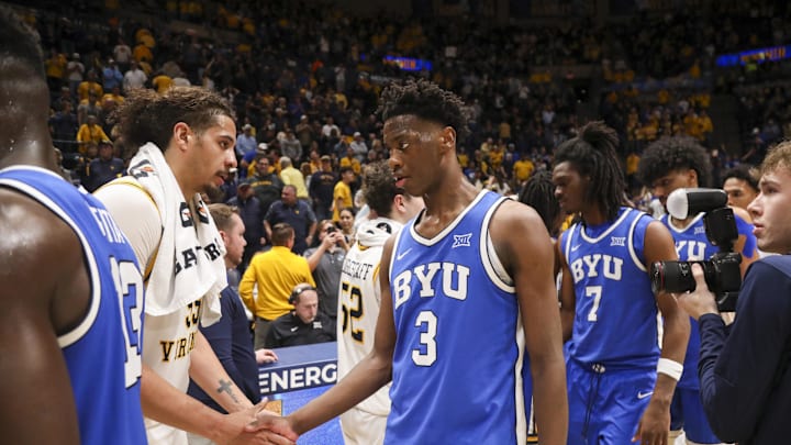 Feb 28, 2026; Morgantown, West Virginia, USA; BYU Cougars forward AJ Dybantsa (3) talks with West Virginia Mountaineers center Harlan Obioha (55) after the game at Hope Coliseum. Mandatory Credit: Ben Queen-Imagn Images