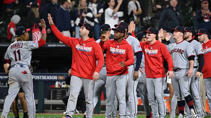 Oct 8, 2026; Chicago, Illinois, USA;  Cleveland Guardians third baseman Jose Ramirez (11) and the rest of the Guardians celebrate after beating the Chicago White Sox in game four of the ALDS for the 2026 MLB Playoffs at Rate Field.  Mandatory Credit: Matt Marton-Imagn Images