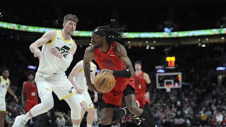 Dec 26, 2024; Portland, Oregon, USA; Portland Trail Blazers small forward Jerami Grant (9, right) dribbles the ball against Utah Jazz forward Kyle Filipowski (22) during the second half at Moda Center. Mandatory Credit: Soobum Im-Imagn Images Dec 26, 2024; Portland, Oregon, USA; Portland Trail Blazers small forward Jerami Grant (9, right) dribbles the ball against Utah Jazz forward Kyle Filipowski (22) during the second half at Moda Center. Mandatory Credit: Soobum Im-Imagn Images