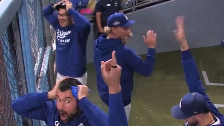 The Dodgers bullpen could not believe what they just saw. The Dodgers bullpen could not believe what they just saw.