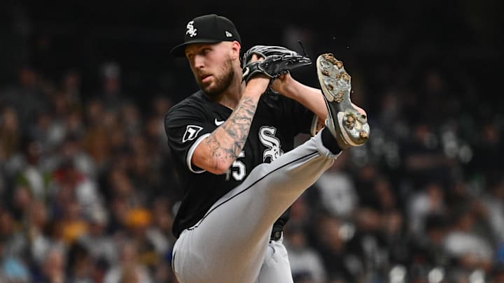 Jun 1, 2024; Milwaukee, Wisconsin, USA; Chicago White Sox starting pitcher Garrett Crochet (45) throws against the Milwaukee Brewers in the first inning at American Family Field.