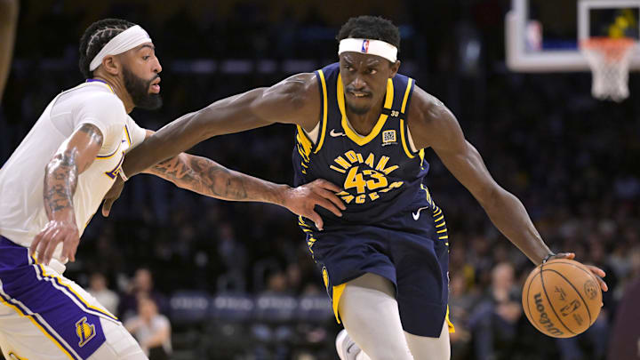 Mar 24, 2024; Los Angeles, California, USA; Indiana Pacers forward Pascal Siakam (43) drives to the