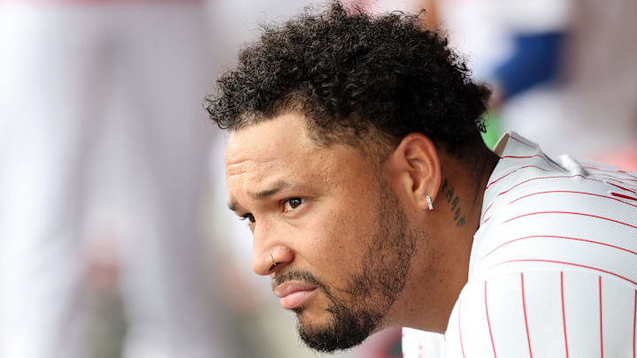 Mar 24, 2025; Clearwater, Florida, USA;  Philadelphia Phillies pitcher Taijuan Walker (99) looks on during the first inning against the Tampa Bay Rays at BayCare Ballpark. Mandatory Credit: Kim Klement Neitzel-Imagn Images