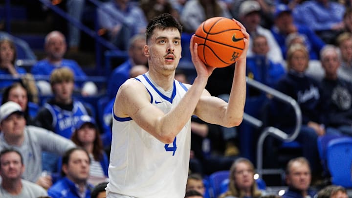 Feb 4, 2026; Lexington, Kentucky, USA; Kentucky Wildcats forward Andrija Jelavic (4) shoots the ball during the second half against the Oklahoma Sooners at Rupp Arena at Central Bank Center. Mandatory Credit: Jordan Prather-Imagn Images