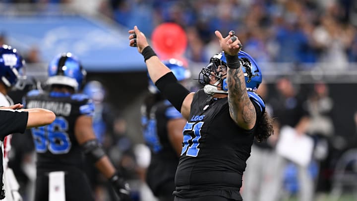 Nov 23, 2025; Detroit, Michigan, USA; Detroit Lions defensive lineman Roy Lopez (51) celebrates after knocking down a pass in the third quarter against the New York Giants at Ford Field. Mandatory Credit: Lon Horwedel-Imagn Images Nov 23, 2025; Detroit, Michigan, USA; Detroit Lions defensive lineman Roy Lopez (51) celebrates after knocking down a pass in the third quarter against the New York Giants at Ford Field. Mandatory Credit: Lon Horwedel-Imagn Images