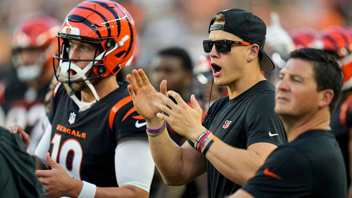 Cincinnati Bengals quarterback Joe Burrow (9) watches from the sideline in the second quarter of the