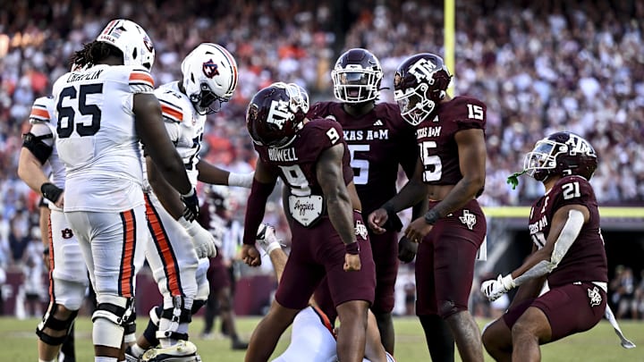 Texas A&M Aggies defensive end Cashius Howell (9) reacts after sacking Auburn Tigers quarterback Jackson Arnold (not pictured) during the fourth quarter at Kyle Field. 