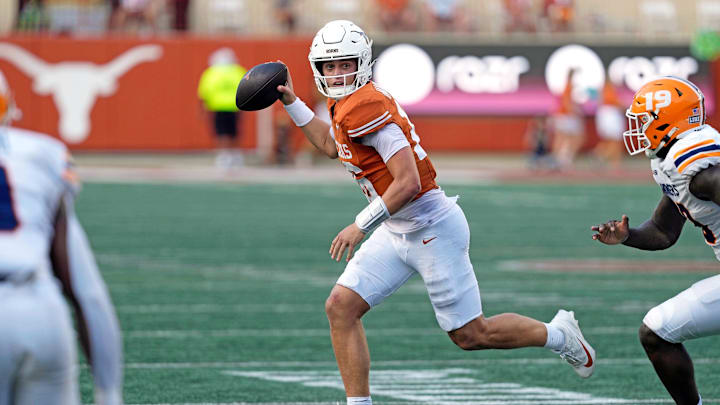 Sep 13, 2025; Austin, Texas, USA; Texas Longhorns quarterback Arch Manning (16) looks to the pass the ball during the second half against the Texas El Paso Miners at Darrell K Royal-Texas Memorial Stadium. Mandatory Credit: Scott Wachter-Imagn Images