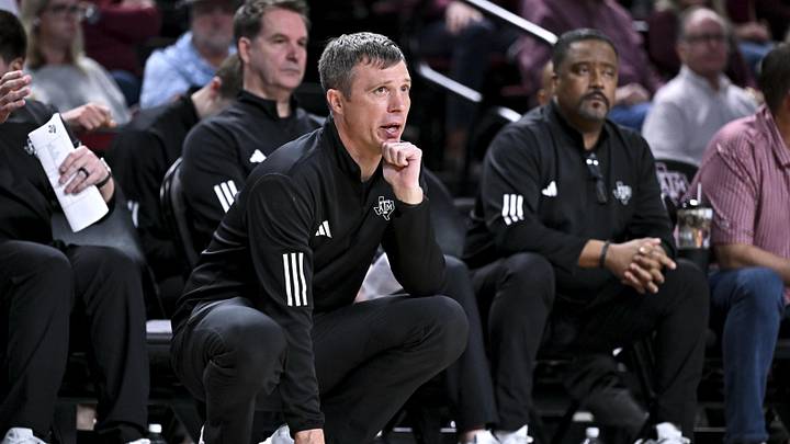 Feb 11, 2026; College Station, Texas, USA; Texas A&M Aggies head coach Bucky McMillan looks on during the second half against the Missouri Tigers at Reed Arena. Mandatory Credit: Maria Lysaker-Imagn Images 
