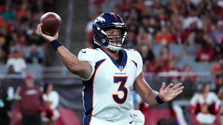 Aug 11, 2023; Glendale, Arizona, USA; Denver Broncos quarterback Russell Wilson (3) throws a pass