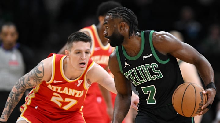Jan 18, 2025; Boston, Massachusetts, USA; Boston Celtics guard Jaylen Brown (7) drives to the basket against Atlanta Hawks guard Vit Krejci (27) during the first quarter at the TD Garden. Mandatory Credit: Brian Fluharty-Imagn Images Jan 18, 2025; Boston, Massachusetts, USA; Boston Celtics guard Jaylen Brown (7) drives to the basket against Atlanta Hawks guard Vit Krejci (27) during the first quarter at the TD Garden. Mandatory Credit: Brian Fluharty-Imagn Images