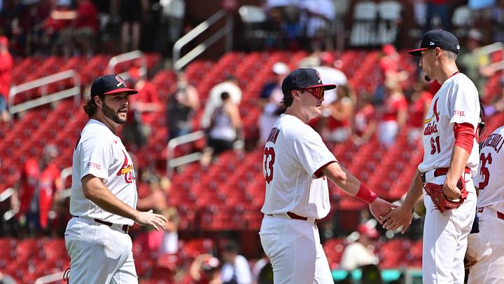 Jun 28, 2026; St. Louis, Missouri, USA; St. Louis Cardinals players (from left) Alec Burleson and Blaze Jordan congratulate St. Louis Cardinals pitcher Riley O'Brien after the St. Louis Cardinals defeated the Miami Marlins at Busch Stadium. Mandatory Credit: Tim Vizer-Imagn Images Jun 28, 2026; St. Louis, Missouri, USA; St. Louis Cardinals players (from left) Alec Burleson and Blaze Jordan congratulate St. Louis Cardinals pitcher Riley O'Brien after the St. Louis Cardinals defeated the Miami Marlins at Busch Stadium. Mandatory Credit: Tim Vizer-Imagn Images