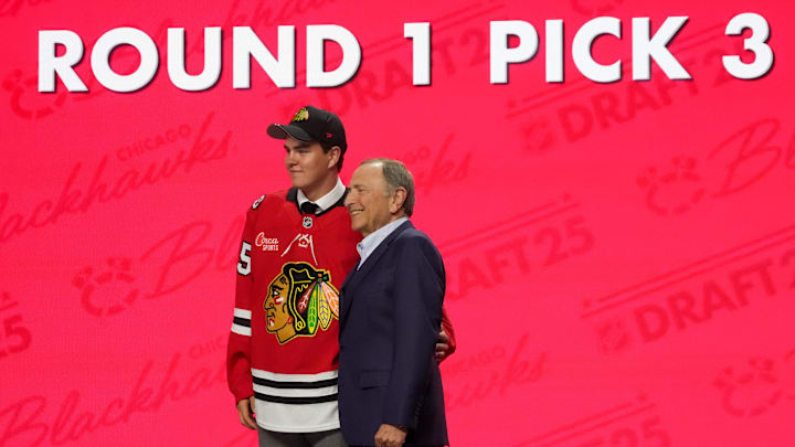 Jun 27, 2025; Los Angeles, California, USA; Anton Frondell is selected as the third overall pick to the Chicago Blackhawks in the first round of the 2025 NHL Draft at Peacock Theater. Mandatory Credit: Kirby Lee-Imagn Images