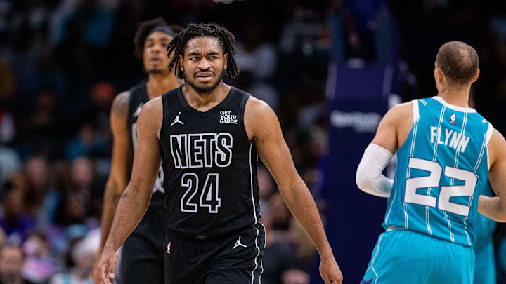 Mar 8, 2025; Charlotte, North Carolina, USA; Brooklyn Nets guard Cam Thomas (24) reacts after a foul during the second quarter against the Charlotte Hornets at Spectrum Center. Mandatory Credit: Scott Kinser-Imagn Images