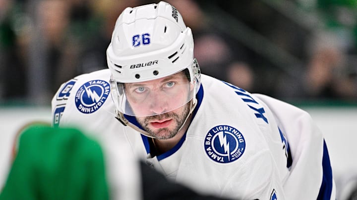 Jan 18, 2026; Dallas, Texas, USA; Tampa Bay Lightning right wing Nikita Kucherov (86) looks on during the game against the Dallas Stars at the American Airlines Center. Mandatory Credit: Jerome Miron-Imagn Images