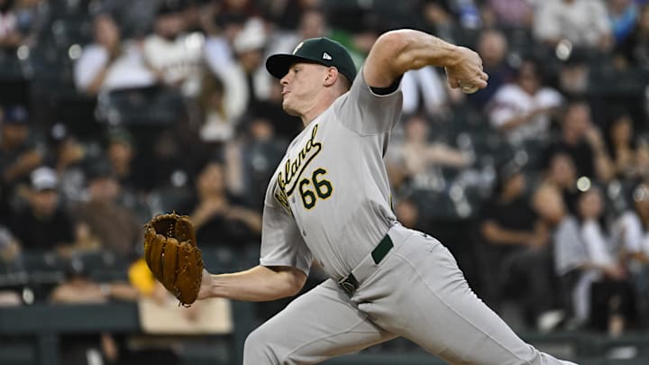 Sep 13, 2024; Chicago, Illinois, USA;  Oakland Athletics pitcher Brady Basso (66) delivers against the Chicago White Sox during the first inning at Guaranteed Rate Field. Mandatory Credit: Matt Marton-Imagn Images
