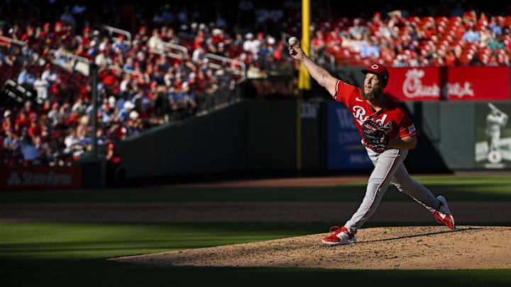 Oct 1, 2023; St. Louis, Missouri, USA;  Cincinnati Reds relief pitcher Alan Busenitz (78) pitches against the St. Louis Cardinals during the eighth inning at Busch Stadium. Mandatory Credit: Jeff Curry-Imagn Images