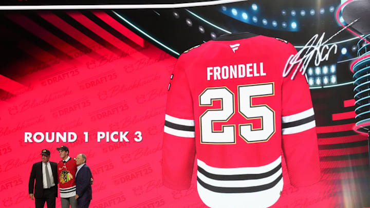 Jun 27, 2025; Los Angeles, California, USA; Anton Frondell is selected as the third overall pick to the Chicago Blackhawks in the first round of the 2025 NHL Draft at Peacock Theater. Mandatory Credit: Kirby Lee-Imagn Images