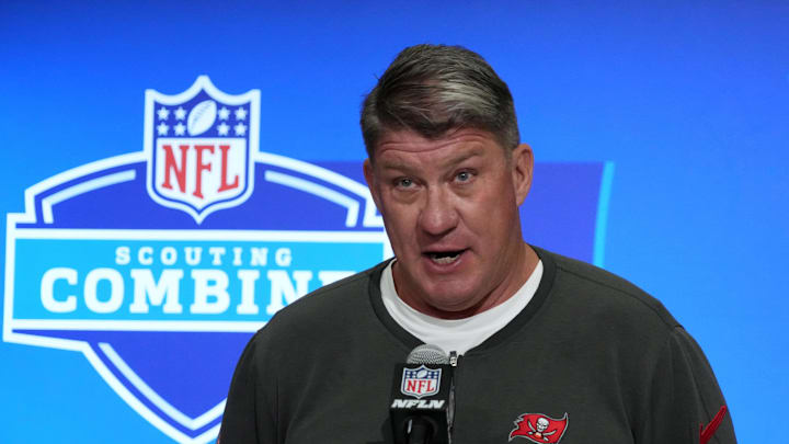 Feb 27, 2024; Indianapolis, IN, USA; Tampa Bay Buccaneers general manager Jason Licht speaks during a press conference during the NFL Scouting Combine at Indiana Convention Center. Mandatory Credit: Kirby Lee-Imagn Images