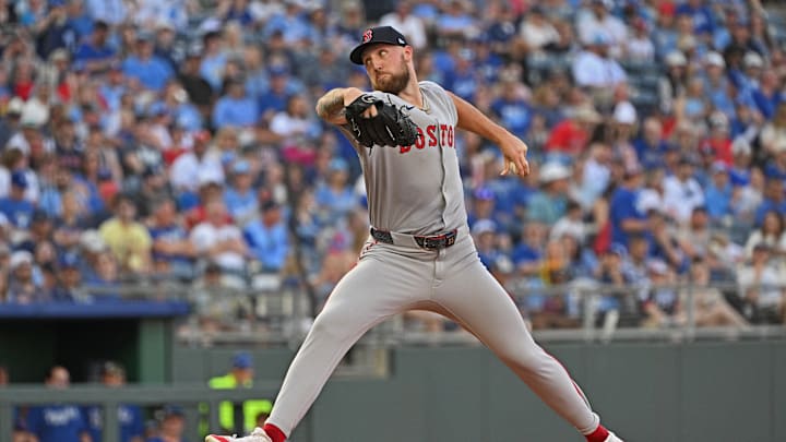 May 10, 2025; Kansas City, Missouri, USA;  Boston Red Sox starting pitcher Garrett Crochet (35) throws a pitch in the first inning against the Kansas City Royals at Kauffman Stadium. Mandatory Credit: Peter Aiken-Imagn Images